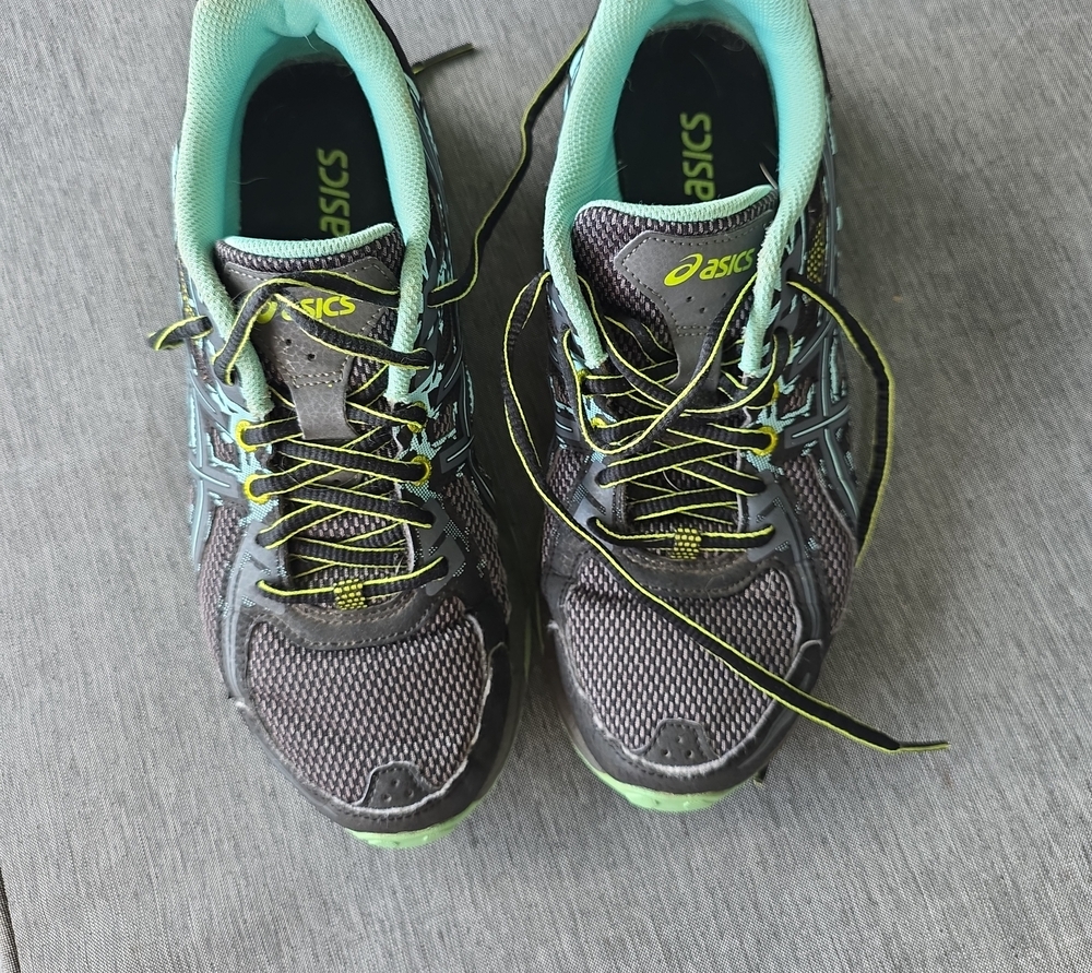 Asics Navy and Light Green Running Shoes with Yellow Accents